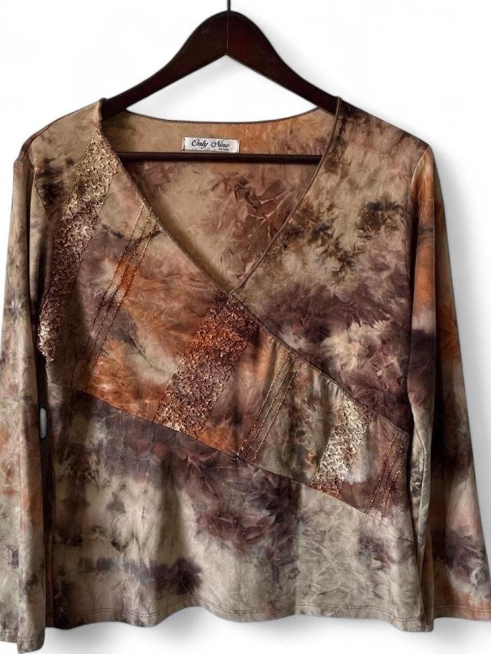 Only Mine Brown Tie-Dye V-Neck Patchwork Long Sleeve Top